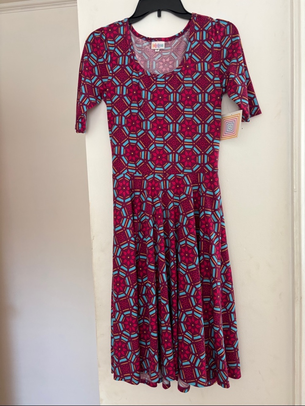 LuLaRoe Magenta Geometric Midi Dress with Teal Accents